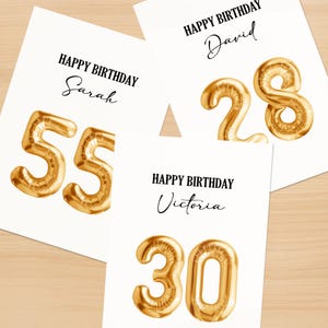 Carte d'anniversaire personnalisée avec chiffres en ballon dorés, tout âge, carte d'anniversaire marquante pour lui ou elle, 21e 30e 40e 50e anniversaire | C69