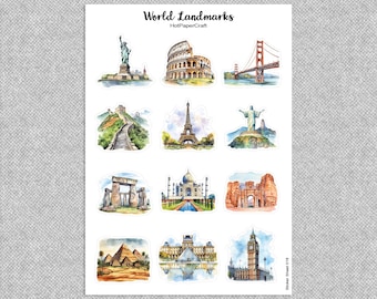 Sticker sheet “World Landmarks”, landmarks, junk journal, planner stickers, scrapbook stickers, bullet journal, stationery, paper craft