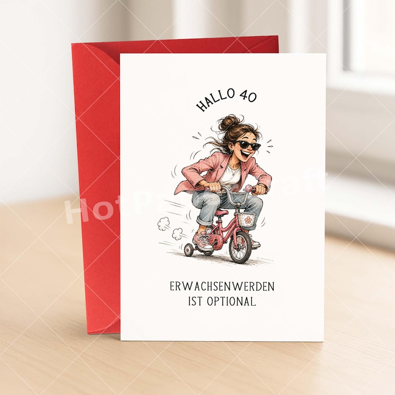 May include: A greeting card with a red envelope. The card features an illustration of a woman riding a pink tricycle. The text on the card reads "Hallo 40" and "Erwachsenwerden ist optional."
