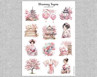 Stickervel "Blooming Japan", sakurastickers, junkdagboek, plannerstickers, plakboekstickers, bulletjournal, briefpapier, papierkunst