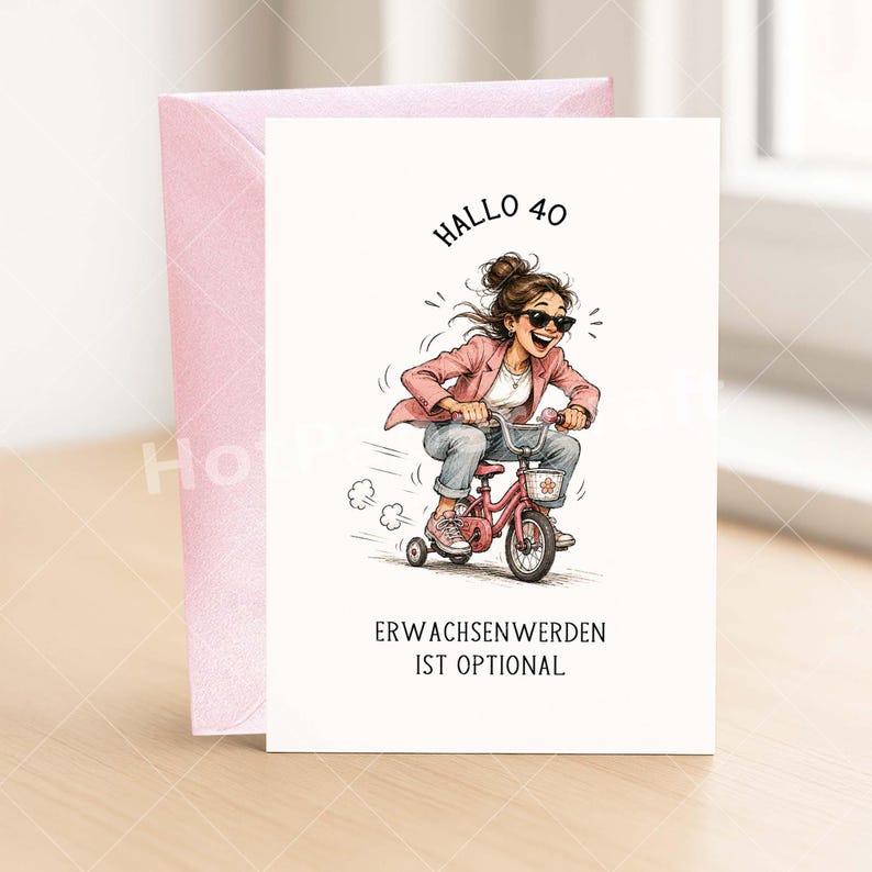 May include: A birthday card with a pink envelope. The card features an illustration of a woman riding a pink tricycle. The text on the card reads "Hallo 40" and "Erwachsenwerden ist optional."