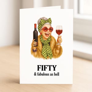 Divertida tarjeta de 50 cumpleaños "Cincuenta y fabulosa", tarjeta de cumpleaños memorable, regalo de 50 cumpleaños, regalo para mujeres, medio centenar, tarjeta de prosecco