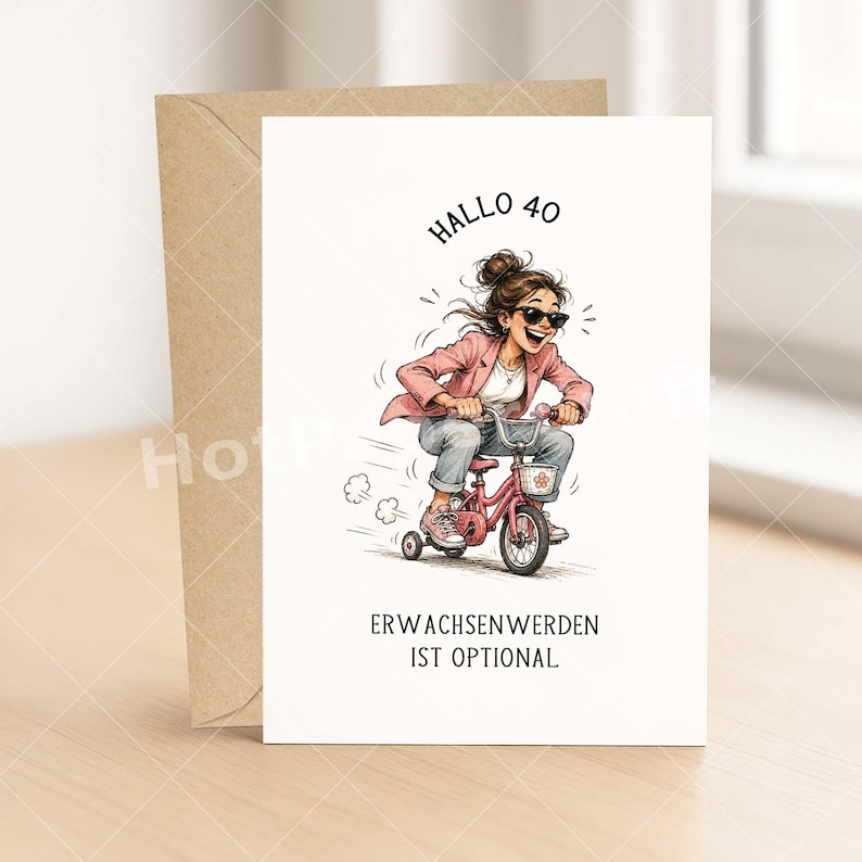 May include: Greeting card with a cartoon illustration of a woman riding a pink tricycle. The card has the text "Hallo 40" and "Erwachsenwerden ist optional". The card is paired with a brown envelope.