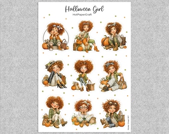 Klistermärkesark med "Halloween Girl" höstklistermärken, skräpjournal, planeringsklistermärken, scrapbookingklistermärken, bullet journal, brevpapper, papperspyssel