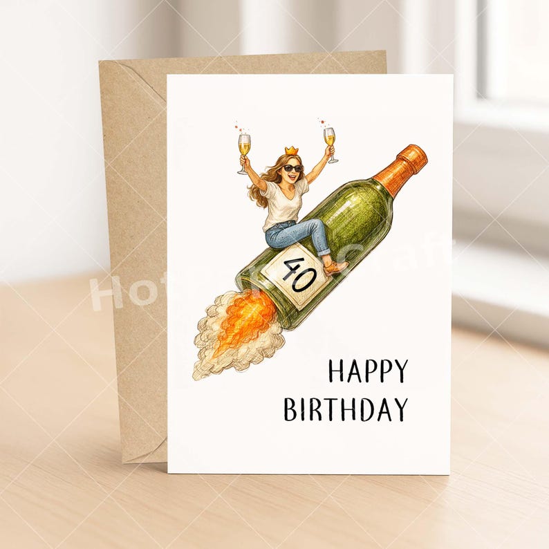 May include: A birthday card featuring a woman riding a champagne bottle rocket, holding two glasses of champagne. The bottle has a "40" label. The card reads "HAPPY BIRTHDAY" in black text. A brown envelope is behind the card.