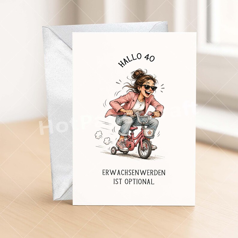 May include: A white greeting card with a cartoon illustration of a woman riding a pink tricycle. The card has the text "HALLO 40" and "ERWACHSENWERDEN IST OPTIONAL". A silver envelope is on the left.