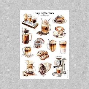 Feuille d&#39;autocollants « Cosy Coffee Vibes » barista, pour amateur de café, journal indésirable, autocollants pour agenda de café, scrapbooking, bullet journal, papeterie