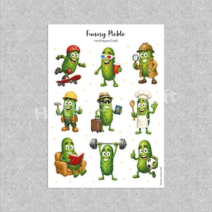 May include: A sticker sheet titled Funny Pickle by HotPaperCraft featuring nine cartoon pickles in various activities: skateboarding, wearing 3D glasses, acting as a detective, working as a builder, traveling, cooking, reading, lifting weights, and playing soccer.