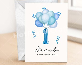 Biglietto Di Auguri Per Primo Compleanno Bambino - Coniglietto Azzurro In Stile Acquerello, Cartolina 150x150 Mm Con Busta, Regalo Ricordo Per Nipote, Figlioccio, Nipote - Old English Company