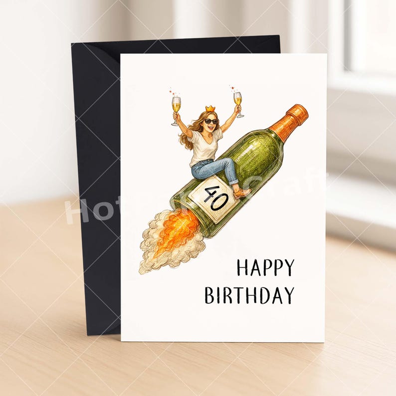 May include: A birthday card with a woman riding a champagne bottle rocket, holding two glasses of champagne. The card reads "Happy Birthday" with the number "40" on the bottle. A black envelope is on the left.