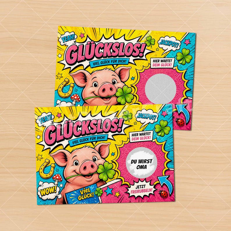 May include: Two rectangular scratch-off lottery-style cards featuring a cartoon pig holding a four-leaf clover. The cards have yellow, pink, and blue comic-book style backgrounds with text including GL&Uuml;CKSLOS, YEAH, JACKPOT, and WOW.
