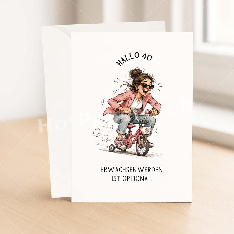 May include: A white greeting card with a cartoon illustration of a woman riding a pink tricycle. The text "HALLO 40" and "ERWACHSENWERDEN IST OPTIONAL" are printed on the card. The card is accompanied by a white envelope.