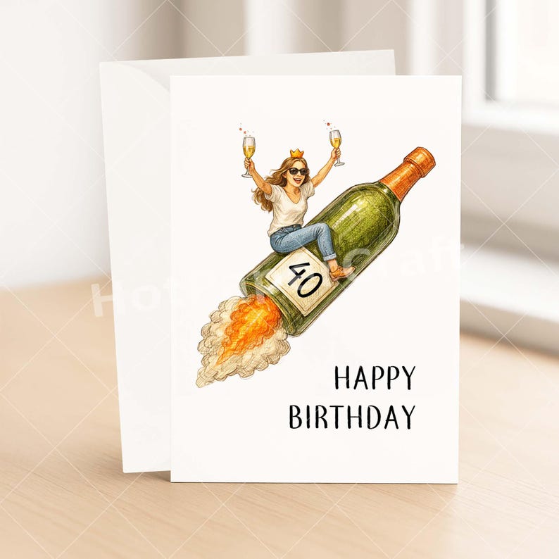 May include: A birthday card with a white envelope. The card features an illustration of a woman riding a champagne bottle rocket, holding two glasses of champagne. The bottle has the number 40 on it, and the words "HAPPY BIRTHDAY" are printed below.