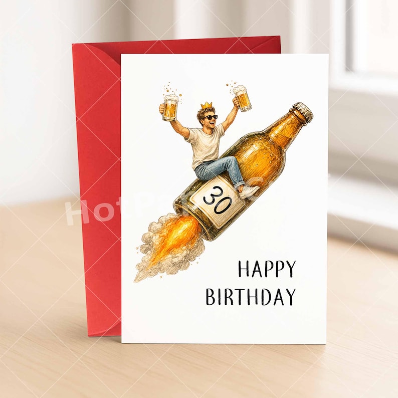 May include: A birthday card with a red envelope. The card features an illustration of a person riding a beer bottle rocket, holding two mugs of beer. The bottle has the number 30 on it, and the words "HAPPY BIRTHDAY" are printed below.