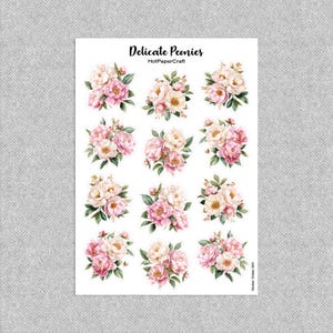 May include: A sticker sheet featuring watercolor illustrations of delicate peony bouquets in shades of pink, cream, and green. The text "Delicate Peonies" and "HotPaperCraft" are printed at the top.