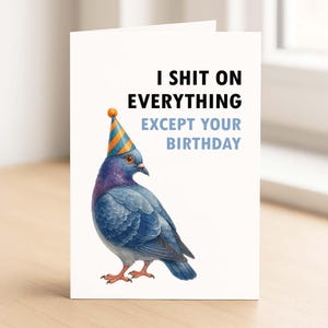Carte d'anniversaire amusante « Je chie sur tout » • Voeux de pigeon sarcastique • Carte humoristique pour lui son ami • 30e 40e 50e anniversaire | 57