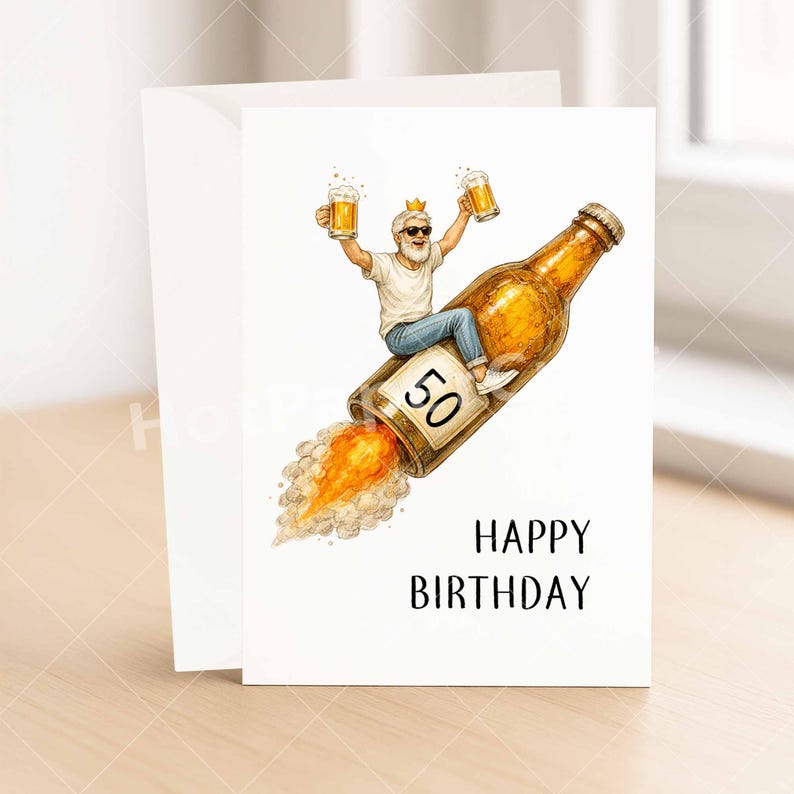 May include: A birthday card with a watercolor illustration. A man with a crown rides a beer bottle rocket, holding two mugs of beer. The bottle is labeled with the number "50". The words "HAPPY BIRTHDAY" are printed below.