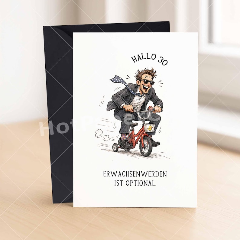 May include: Greeting card with a cartoon illustration of a man riding a red tricycle, wearing a suit and sunglasses. The text "HALLO 30" is above the illustration, and "ERWACHSENWERDEN IST OPTIONAL" is below. A black envelope is visible.