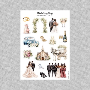 Peut inclure: Une feuille d'autocollants sur le thème du mariage avec une variété d'images, notamment une arche de mariage, un gâteau de mariage, une mariée et un marié, une voiture, une église, un carrosse et des fleurs. Les autocollants sont imprimés sur du papier blanc et ont une finition brillante.