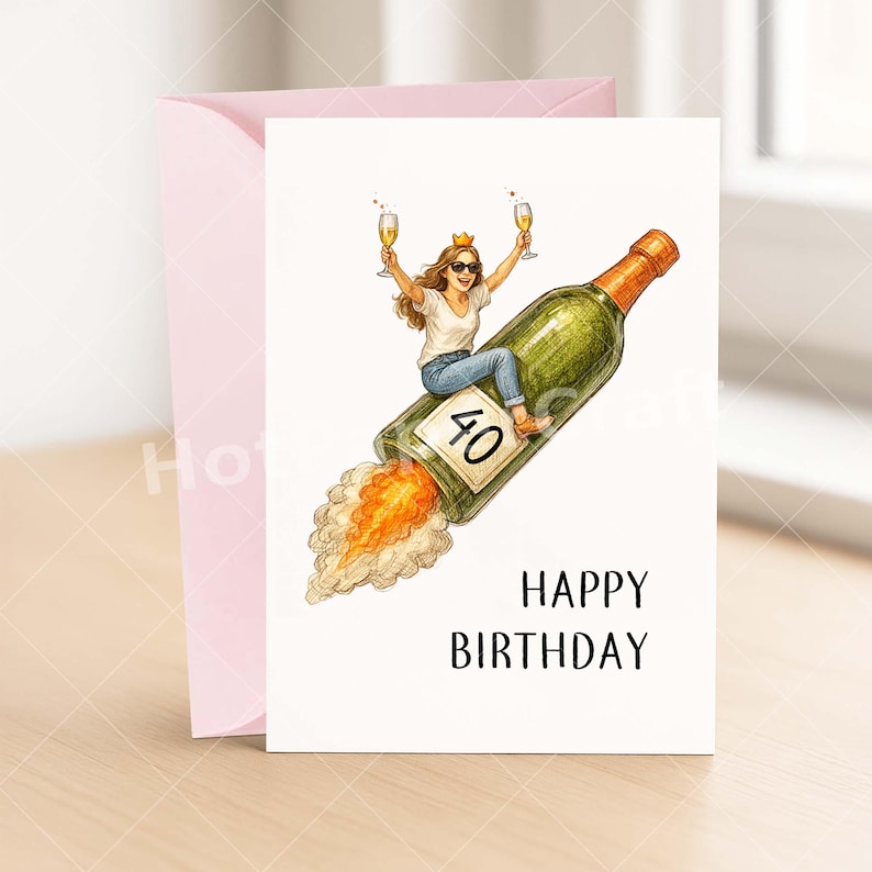 May include: A birthday card with a woman riding a champagne bottle rocket, holding two glasses of champagne. The bottle has a "40" label. The words "HAPPY BIRTHDAY" are printed below the image. A pink envelope is behind the card.