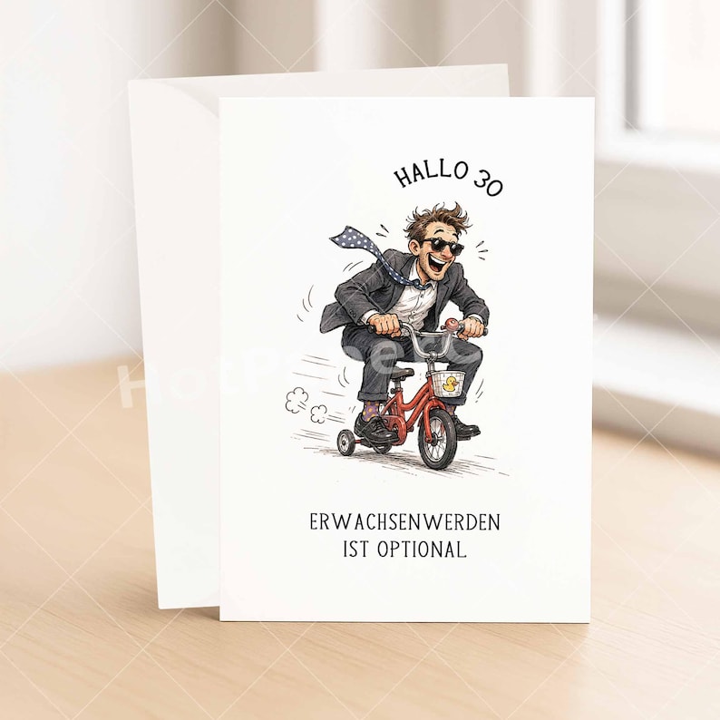 May include: A white greeting card with a cartoon illustration of a man riding a red tricycle. The man wears a suit and sunglasses. The card has the text "HALLO 30" and "ERWACHSENWERDEN IST OPTIONAL".