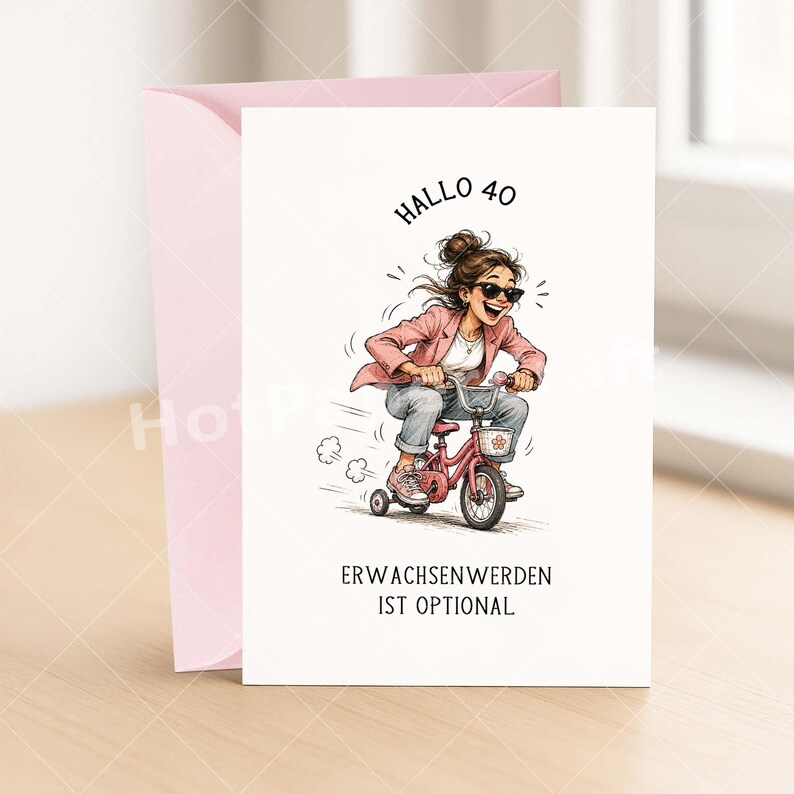 May include: A greeting card with a pink envelope. The card features an illustration of a woman riding a pink tricycle. The text on the card reads "Hallo 40" and "Erwachsenwerden ist optional."