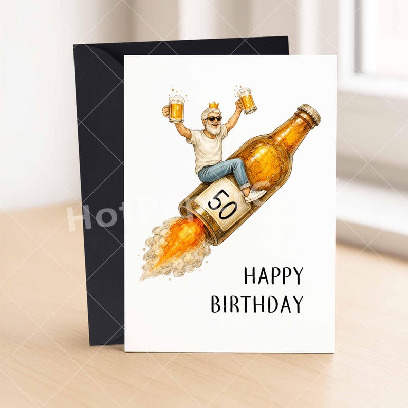 May include: A birthday card with a humorous illustration. A man with a crown and sunglasses rides a beer bottle rocket, holding two mugs of beer. The bottle is labeled with the number 50. The words "HAPPY BIRTHDAY" are printed below.