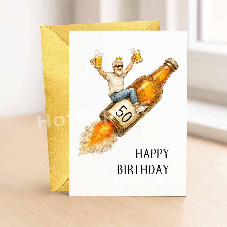 May include: A birthday card with a cartoon illustration of a man riding a beer bottle rocket, holding two mugs of beer. The card reads "Happy Birthday" and features the number "50". A gold envelope is behind the card.