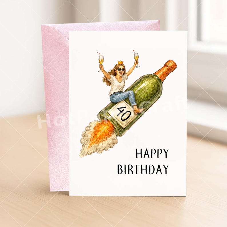 May include: A birthday card with a woman riding a champagne bottle rocket, holding two glasses of champagne. The bottle has a "40" label. The card reads "HAPPY BIRTHDAY" in black text. A pink envelope is behind the card.