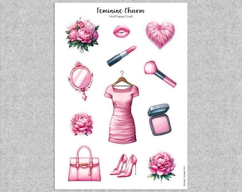 Klistermärkesark "Feminin charm", för flickor, skräpjournal, rosa plannerklistermärken, scrapbookklistermärken, bullet journal, brevpapper, papperspyssel