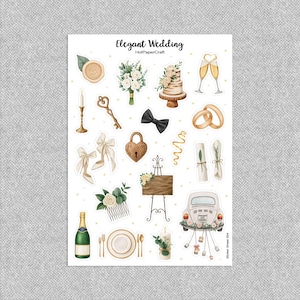 Peut inclure: Une planche d'autocollants avec diverses illustrations sur le thème du mariage. Comprend un gâteau, des coupes de champagne, des alliances, une voiture vintage avec le texte "Just Married" et d'autres éléments décoratifs dans une palette de couleurs douces et neutres. Le texte "Elegant Wedding" est en haut.