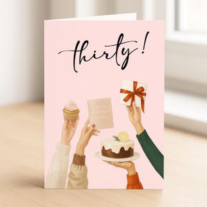 30th Birthday Card, Funny Thirty Birthday Card for Her, for bestie, Cute Greeting Card with Cake and Gifts, BFF or Girlfriend Card