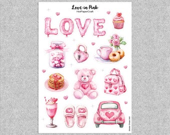 “Love in Pink” Valentinstag Aufkleber, Junk Journal, Planer Sticker, Scrapbook Sticker, Bullet Journal, Schreibwaren