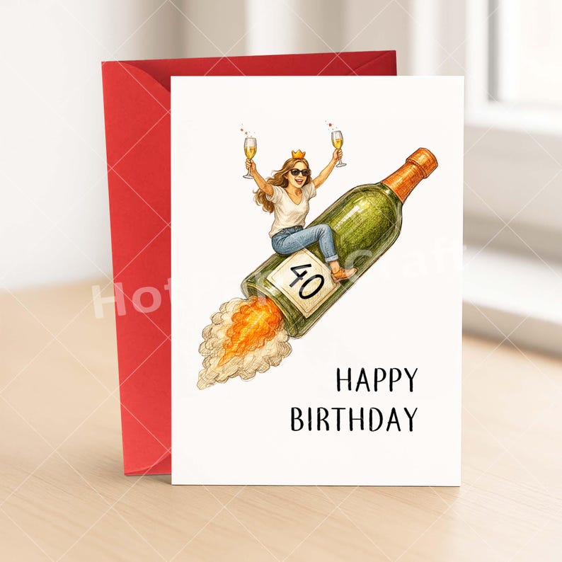 May include: A birthday card with a red envelope. The card features a woman riding a champagne bottle rocket with the number 40. The words "HAPPY BIRTHDAY" are printed below the illustration.