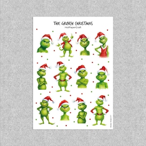 Könnte beinhalten: Ein Stickerbogen mit verschiedenen Darstellungen des Grinch in verschiedenen Posen, mit Weihnachtsmütze und roter und weißer Kleidung. Der Text "THE GRINCH CHRISTMAS" befindet sich oben.