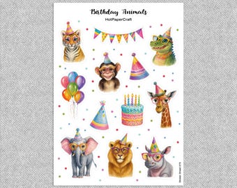 Sticker sheet “Birthday Animals” for kids, junk journal, planner stickers, scrapbook stickers, bullet journal, stationery, paper craft