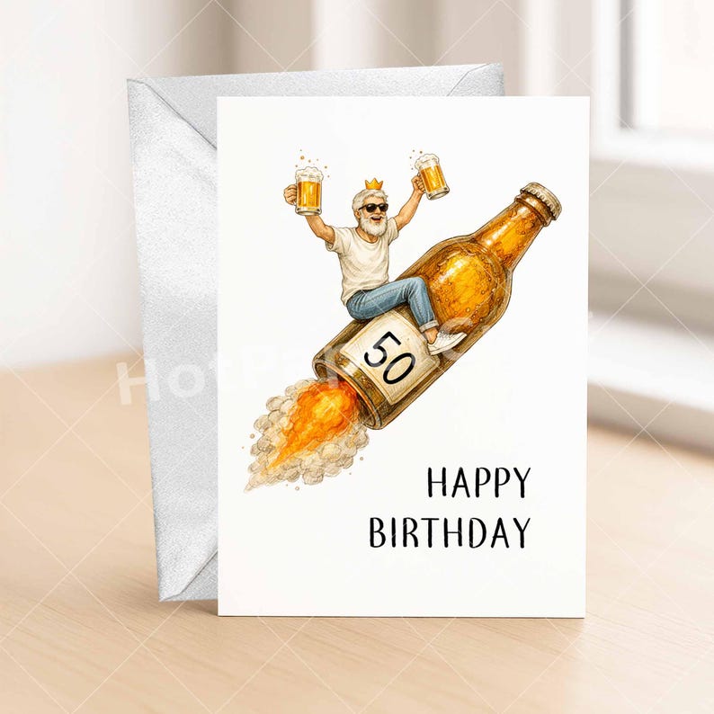 May include: A birthday card with a watercolor illustration of a man riding a beer bottle rocket, holding two mugs of beer. The card reads "HAPPY BIRTHDAY" and features the number "50". An envelope is included.