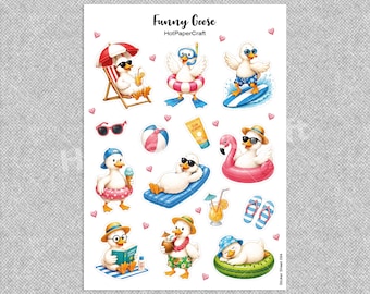 Arkusz naklejek „Zabawna gęś” – letnie naklejki do planera, dziennika Bullet Journal lub scrapbookingu
