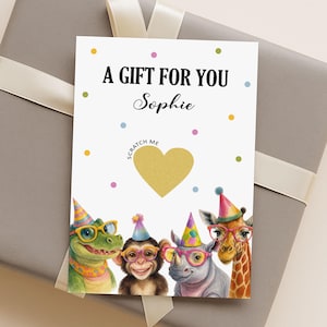 Carte cadeau d'anniversaire personnalisée pour enfants, carte surprise à gratter, carte cadeau à gratter, carte d'anniversaire animaux, emballage cadeau | 70