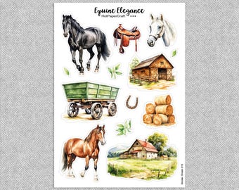 Hoja de pegatinas "Elegancia Equina", caballos, diario basura, pegatinas para planificador, pegatinas para álbumes de recortes, bullet journal, papelería, manualidades de papel
