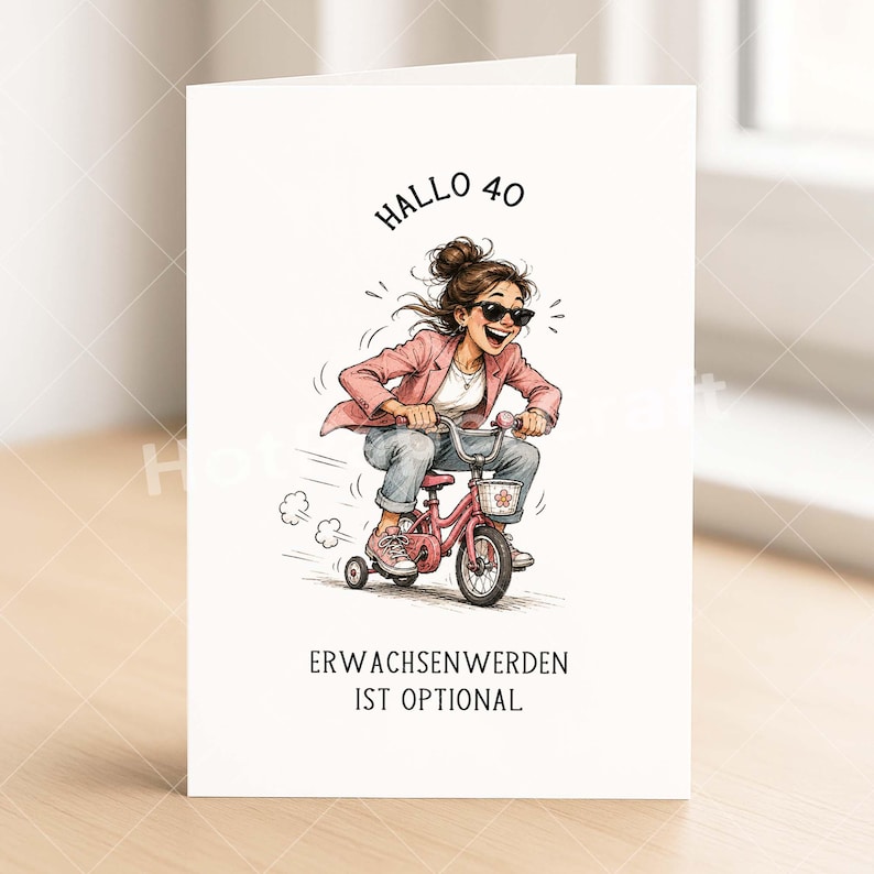May include: A greeting card with a cartoon illustration of a woman riding a pink tricycle. The text "Hallo 40" is at the top, and "Erwachsenwerden ist optional" is at the bottom. The woman is wearing sunglasses, a pink jacket, and jeans.