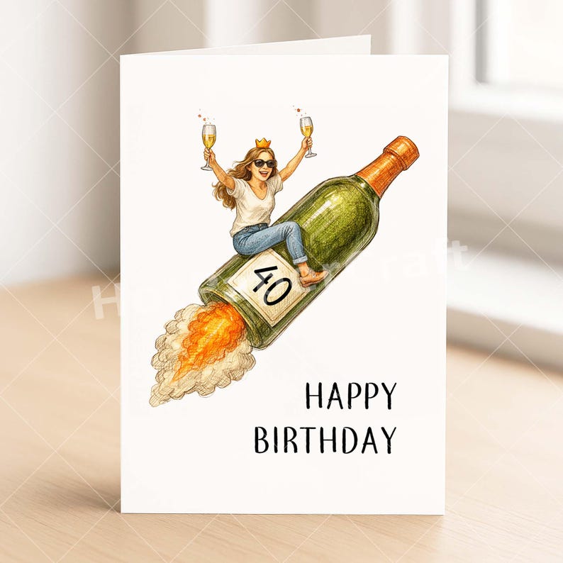 May include: A birthday card with a woman riding a champagne bottle rocket, holding two glasses of champagne. The bottle has the number 40 on it. The words "HAPPY BIRTHDAY" are printed below the illustration.