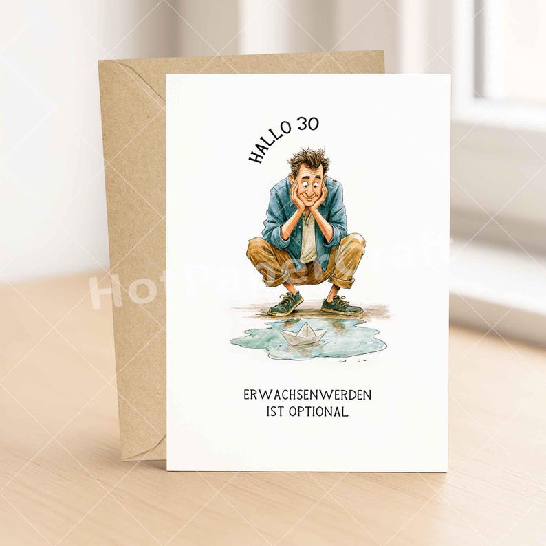 May include: A white greeting card featuring a cartoon illustration of a person crouching and looking at a paper boat in a puddle. The text reads "HALLO 30" at the top and "ERWACHSENWERDEN IST OPTIONAL" at the bottom. A brown envelope is behind the card.