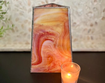 Handmade Triangular-shape Orange Marbled-pattern Leaded Stained Glass Candle Shelter