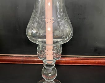 HandCut 12”H Glass Hurricane Candle Holder with Gold Trim