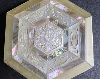 Mother of Pearl Inlay Hexagon-Shape Trinket Jewelry Box Hinged Lid
