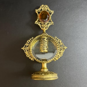 Vintage Art Deco Ormolu Style Perfume Bottle with Topaz Color Stone Dauber