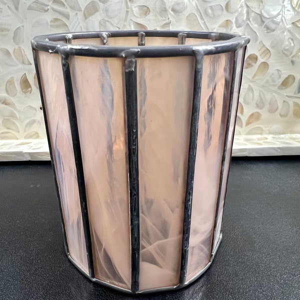 Pink and Silver Slag Glass/Stained Glass Candle Hurricane Cover