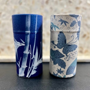 Pair of Blue Asian-inspired Cylindrical Metal Tea Storage Canisters