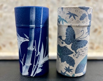 Pair of Blue Asian-inspired Cylindrical Metal Tea Storage Canisters